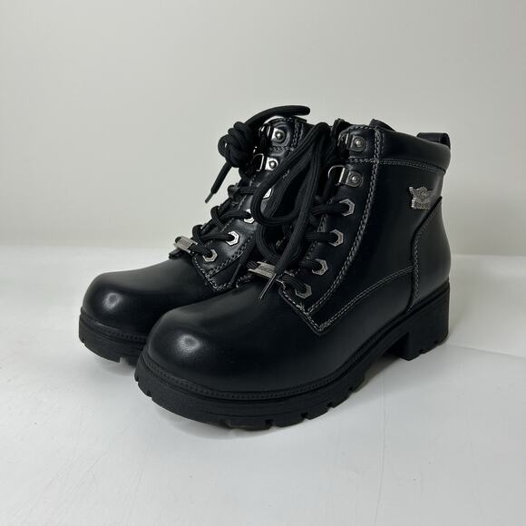 Motorcycle Ankle Boots Women’s 8 Zipper Black Lace-up Biker Boots Low Heel - Picture 1 of 8